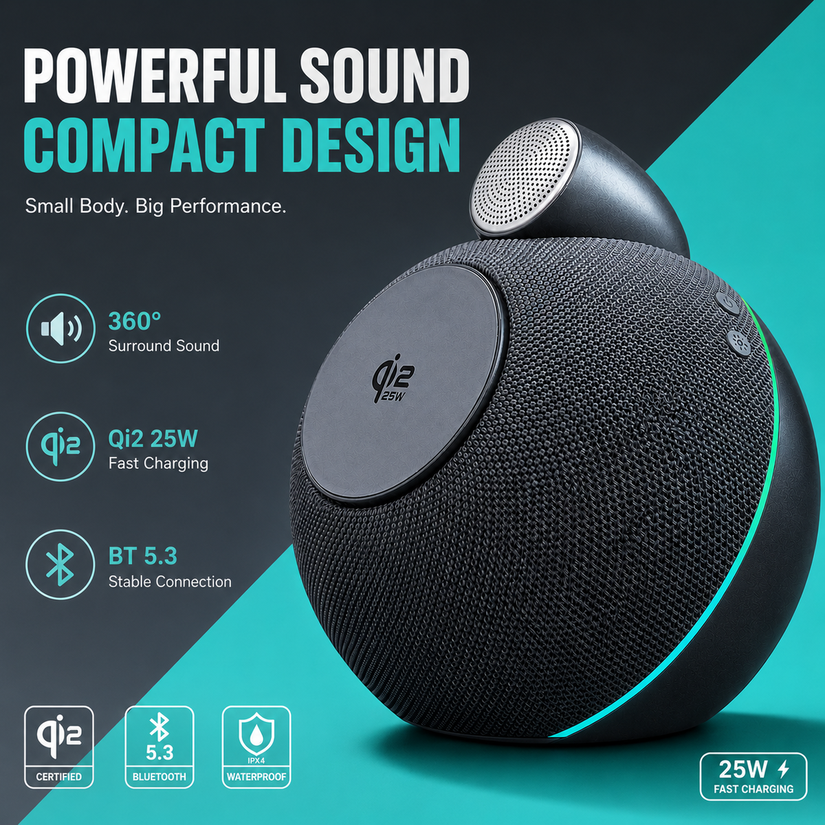 Qi2 25W Wireless Charging Speaker with Ambient Light