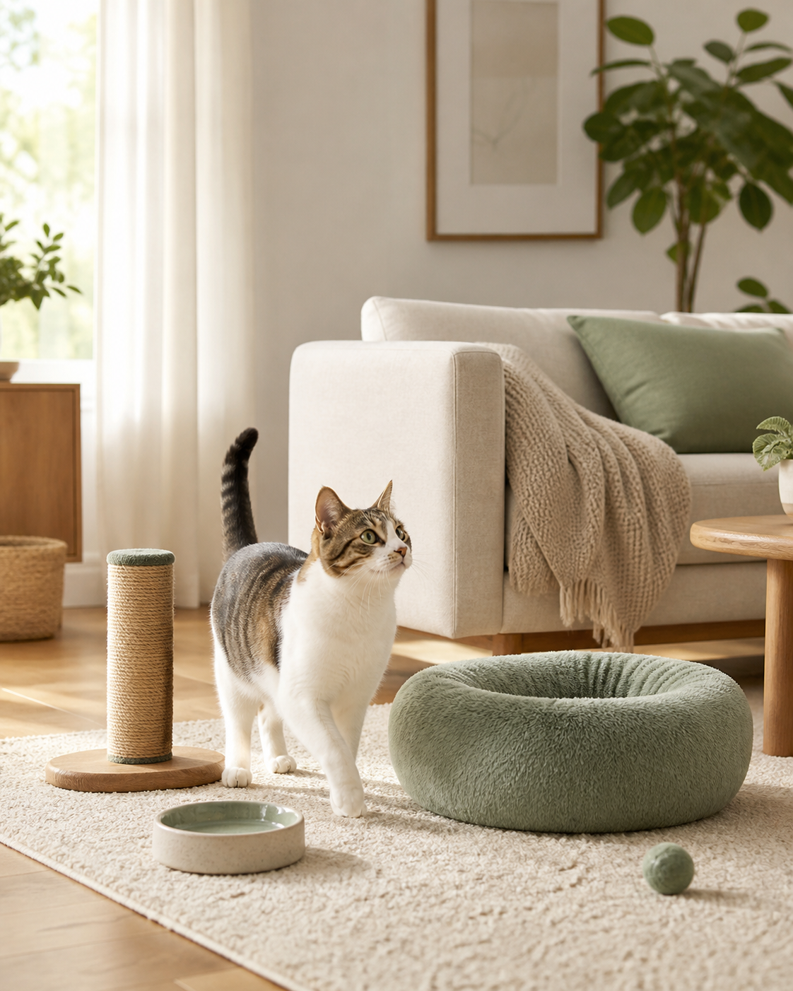 Premium pet supplies collection with a cat, dog, and everyday care essentials