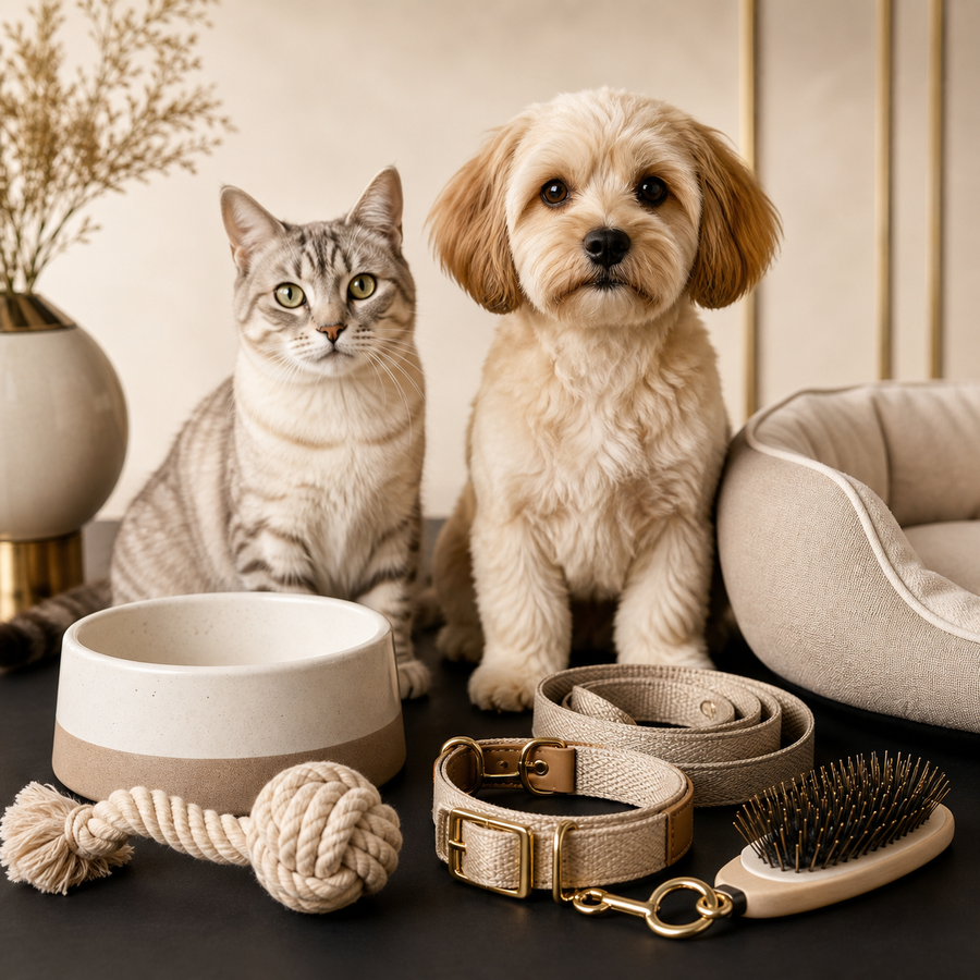 Premium pet supplies collection with a cat, dog, and everyday care essentials