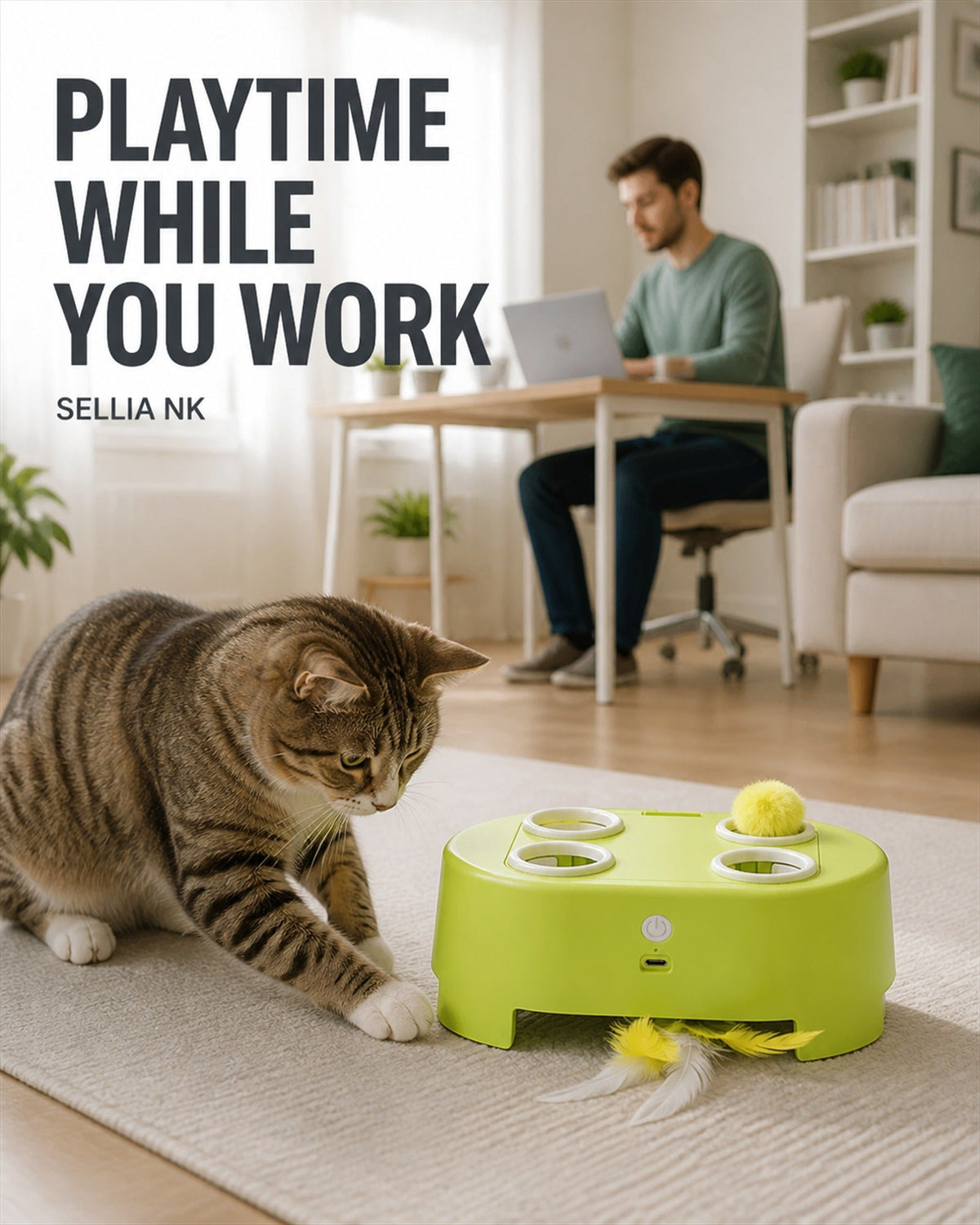 Cat playing with Lime Green WhiskerQuest while owner works from home