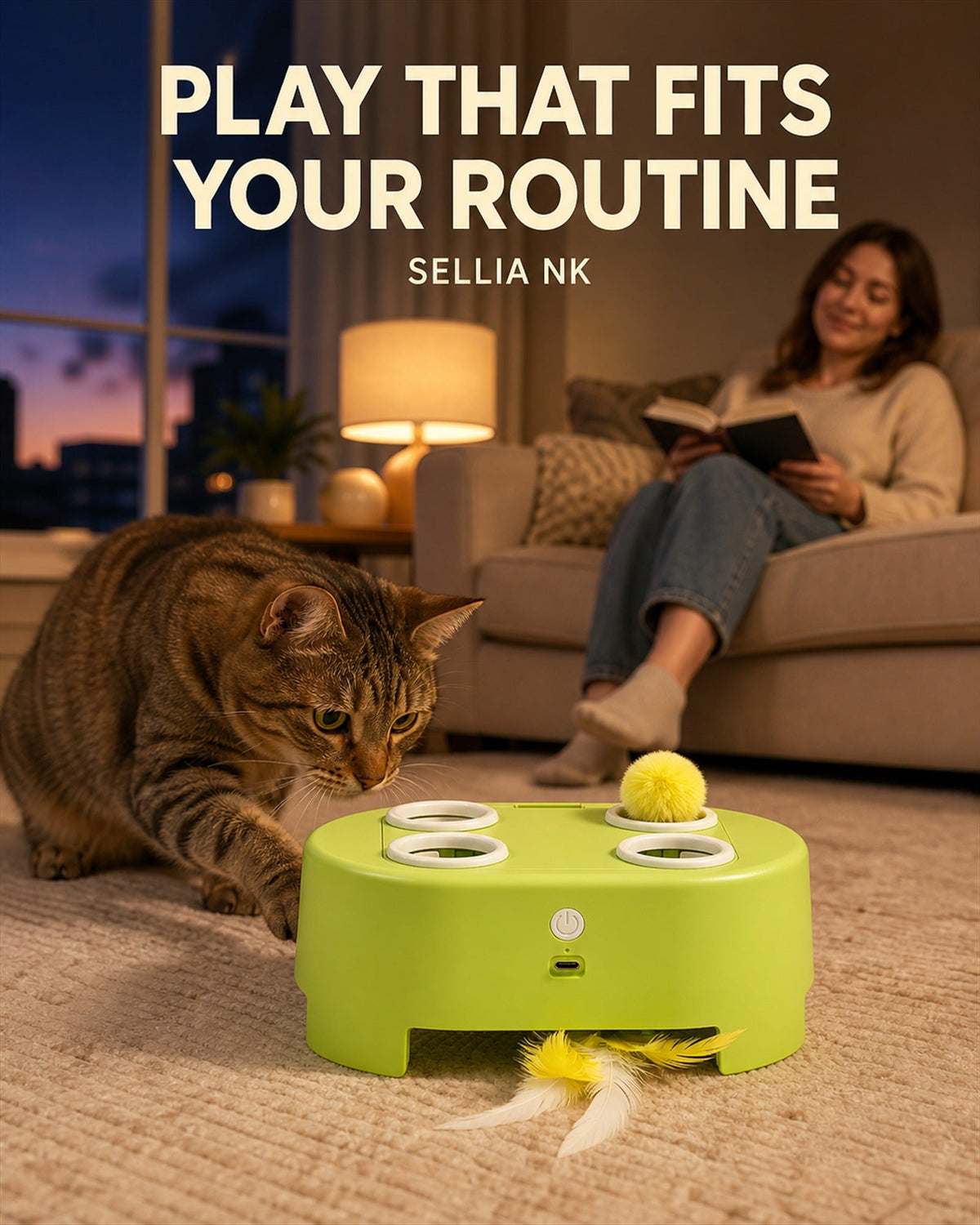 Cat playing with Lime Green WhiskerQuest during an evening routine
