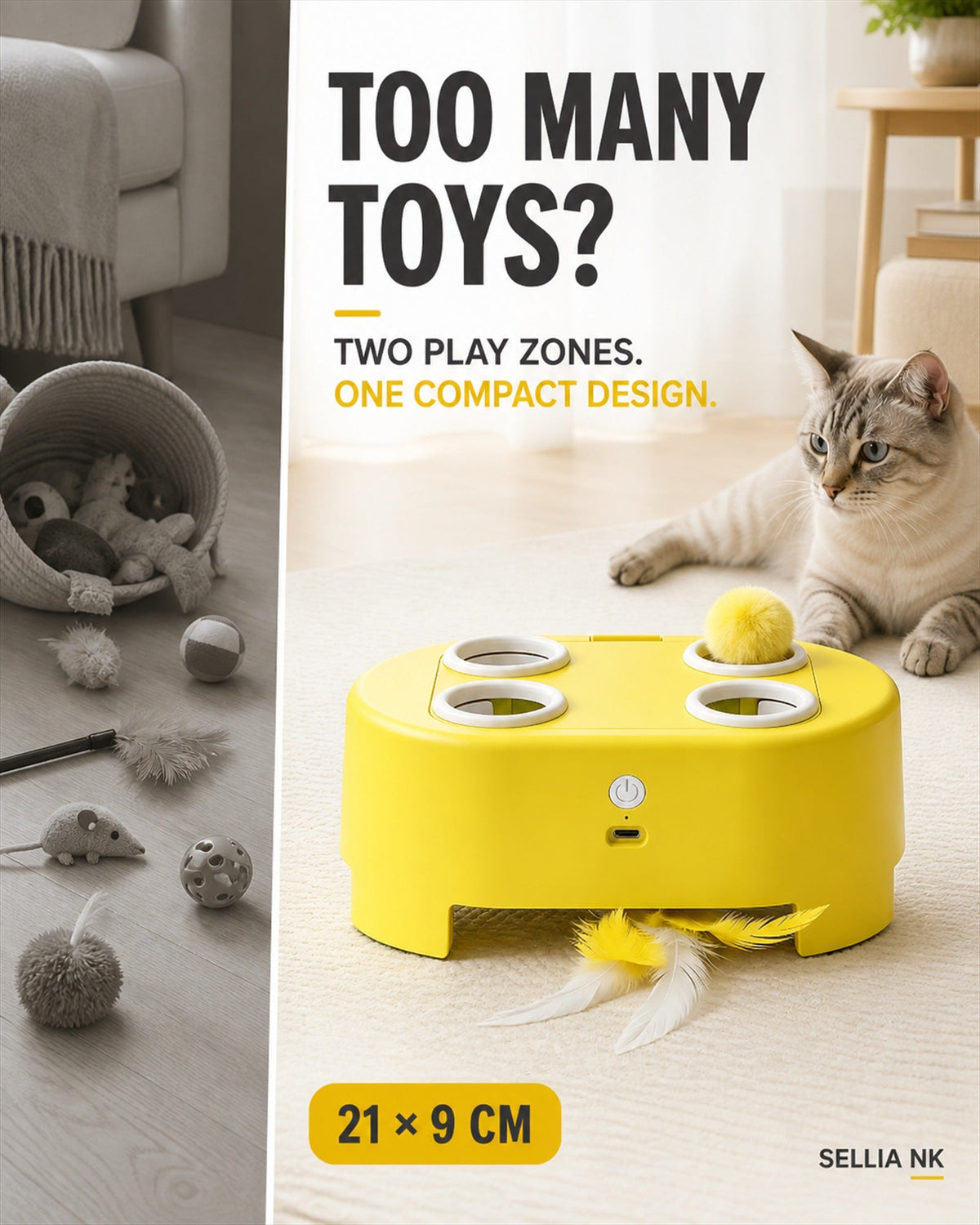 Two play zones in one compact WhiskerQuest cat toy