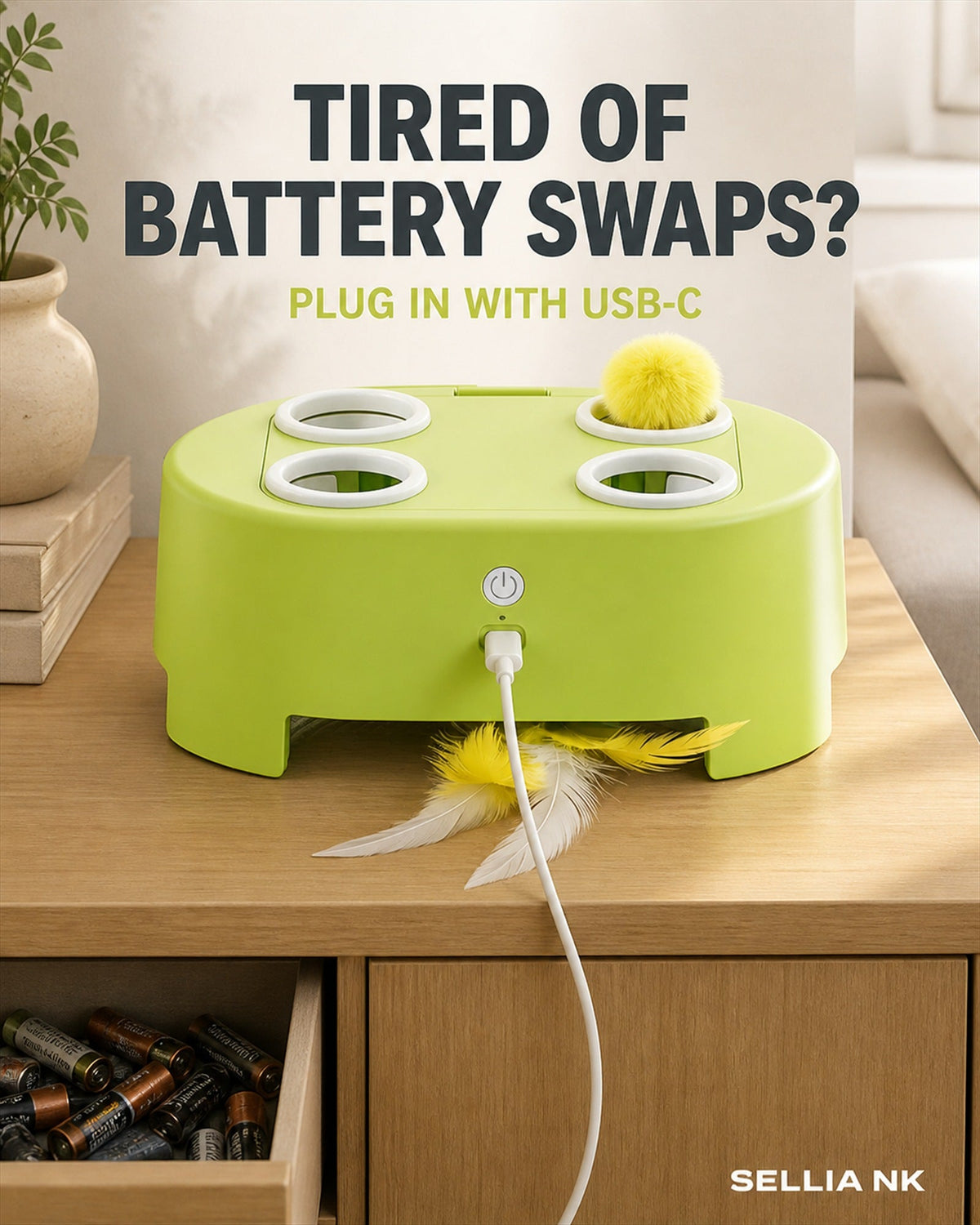 USB-C rechargeable Lime Green WhiskerQuest cat toy