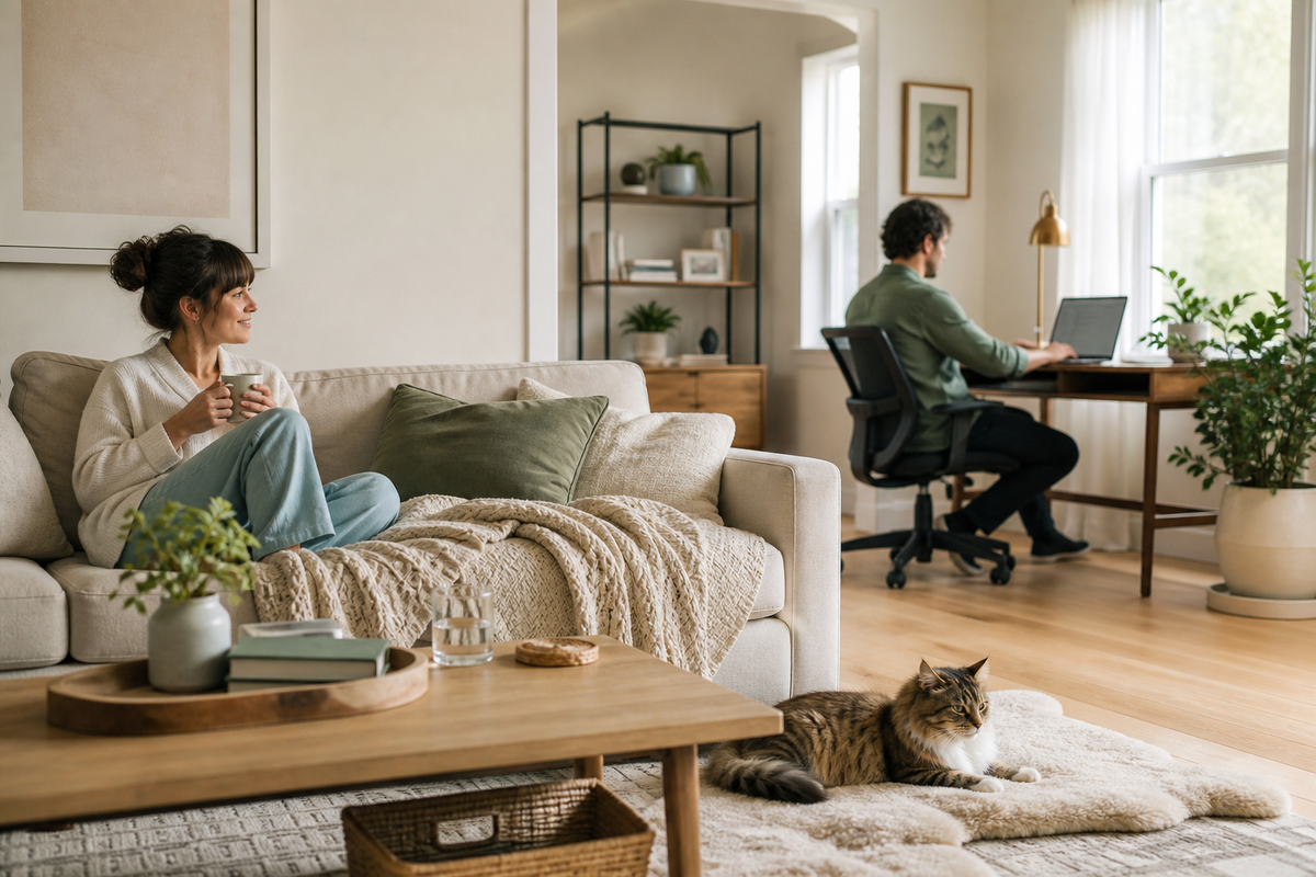 Relaxed American living room with a home office and cat