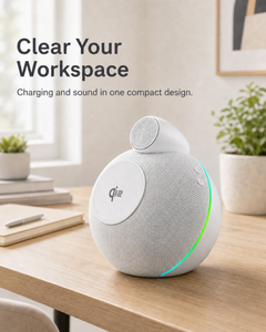 Ivory White Sellia NK X16 charging speaker in a home office