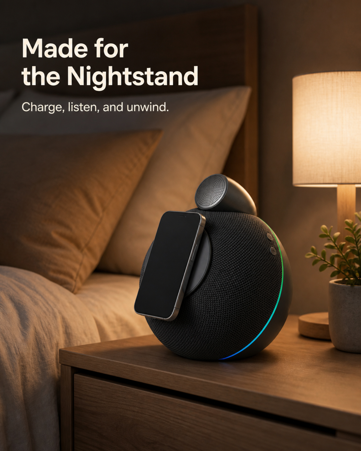 Charcoal Gray Sellia NK X16 charging speaker on a nightstand